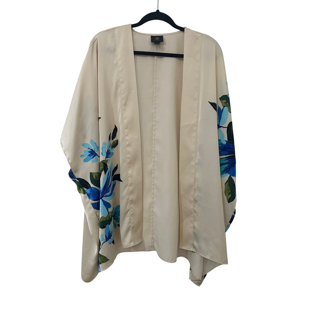 JM Collection Womens M Beige Blue Floral Open Front Kimono Wrap Cardigan Resort